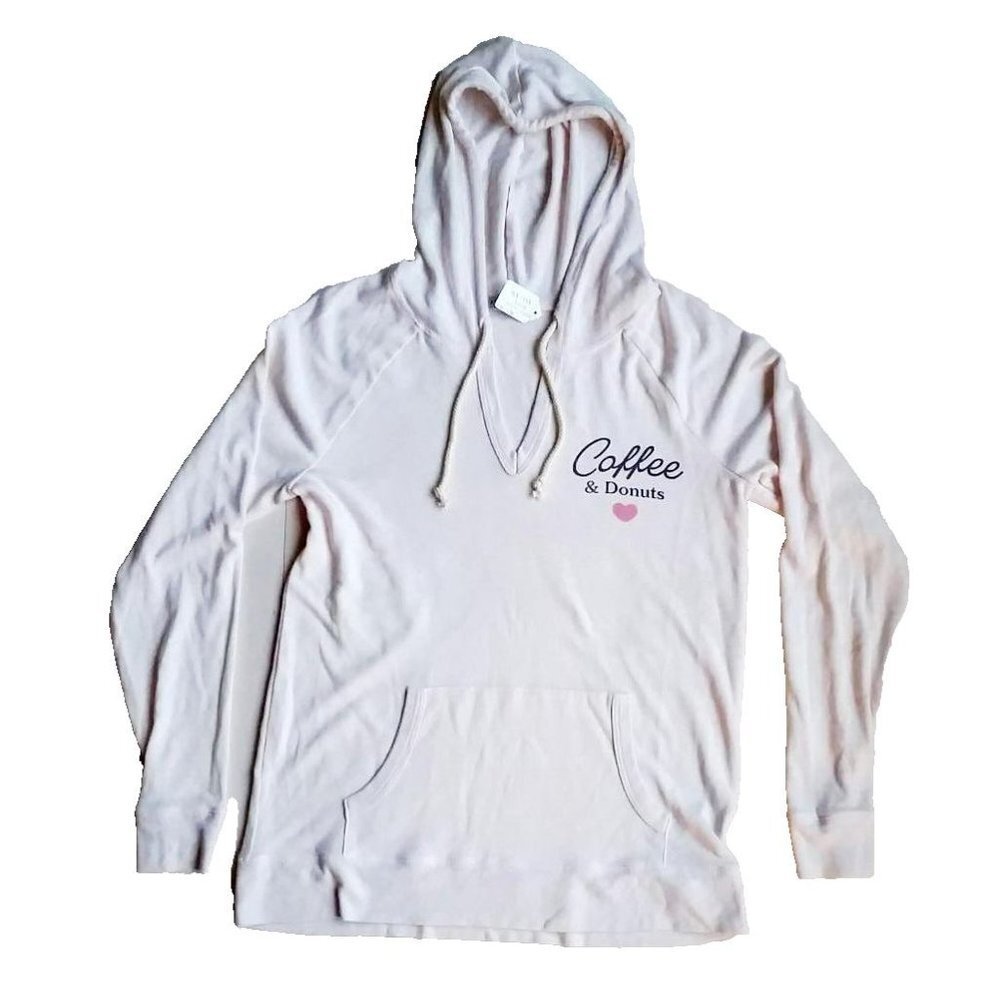 JUNK FOOD Coffee & Doughnuts Print HOODIE Soft Pocket SWEATSHIRT Light Pink